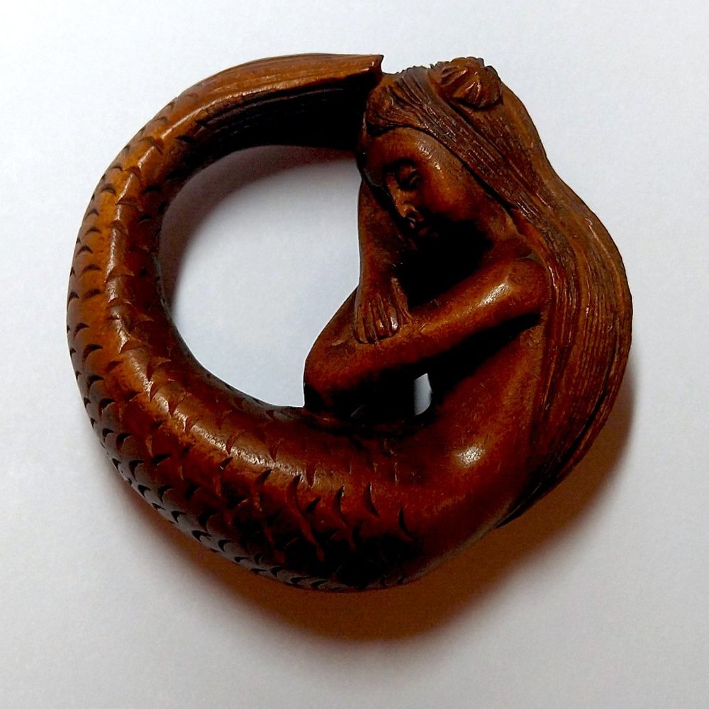 Mermaid Wooden Netsuke Hand Carved and signed